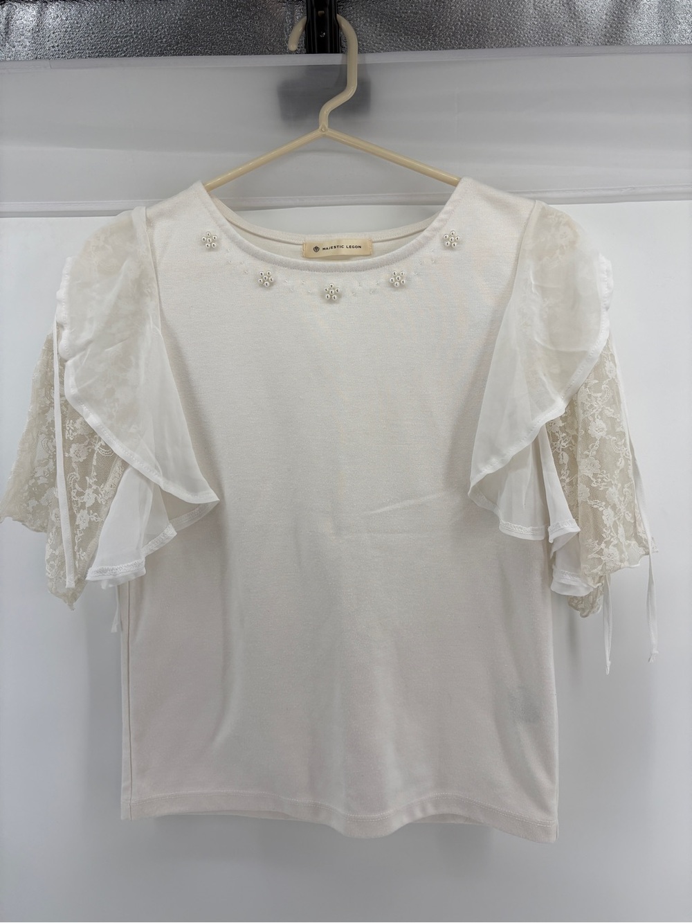 Majestic Legon White Lace Blouse Beaded Ruffle Neck Flutter Short Sleeve M